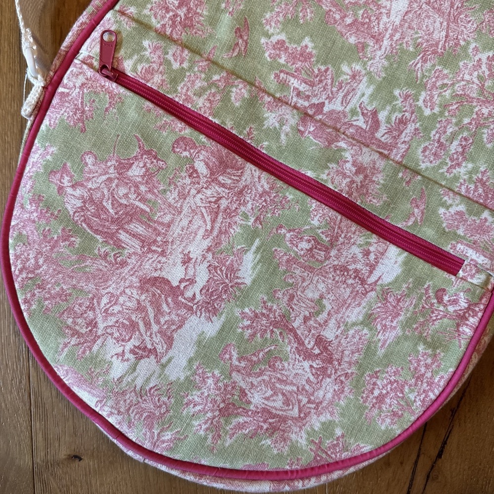 Ame & Lulu Boston Green Pink Toile Zip Up Tennis Racquet Bag With Pocket - Picture 6 of 14